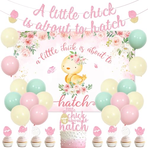 A Little Chick Is About to Hatch Babyparty-Dekoration, rosa Blumen-Kükenhintergrund, Glitzer, ein kleines Küken ist über zu schlüpfen, Banner, Kuchen, Cupcake-Topper für Babyparty, Foto-Requisiten von Merrystorm