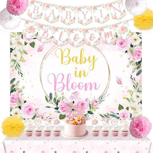 Baby in Bloom Babyparty-Dekorationen, rosa Blumenmuster, Babyparty-Hintergrund, Wildblumen, Baby in Bloom, Banner, Kuchen, Cupcake-Topper, Papier-Pompons, Tischdecke für Mädchen Baby in Bloom Babyparty-Dekorationen, rosa Blumenmuster, Babyparty-Hintergrund, Wildblumen, Baby in Bloom, Banner, Kuchen, Cupcake-Topper, Papier-Pompons, Tischdecke für Mädchen von Merrystorm