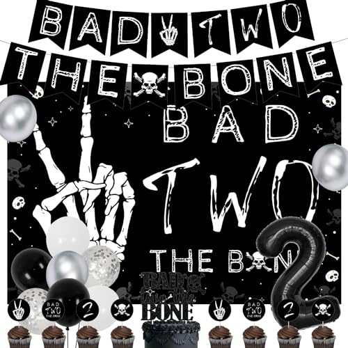 Black Bad Two The Bone Geburtstag Dekoration, Skelett Thema 2. Geburtstag Party Dekorationen Hintergrund Banner Kuchen Cupcake Topper Folie Nummer 2 Ballon für Jungen Mädchen Gothic Thema 2 Jahre alt Black Bad Two The Bone Geburtstag Dekoration, Skelett Thema 2. Geburtstag Party Dekorationen Hintergrund Banner Kuchen Cupcake Topper Folie Nummer 2 Ballon für Jungen Mädchen Gothic Thema 2 Jahre alt von Merrystorm