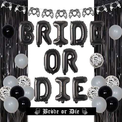 Bride or Die Junggesellinnenabschied Dekorationen, Braut oder Die Schwarze Luftballons Schärpe Gothic Herzförmige Girlande Folienvorhang für Schwarz Halloween Bachelorette Junggesellinnenabschied von Merrystorm