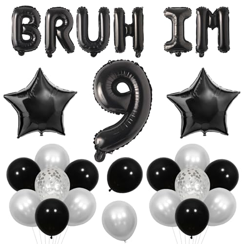 Bruh It's My 9th Birthday Decorations Black Bruh Its My Birthday Decorations Bruh I'm 9 Folienballon Banner Stern Ballon Happy 9th Birthday Dekor für Lustige Bday Party Supplies von Merrystorm