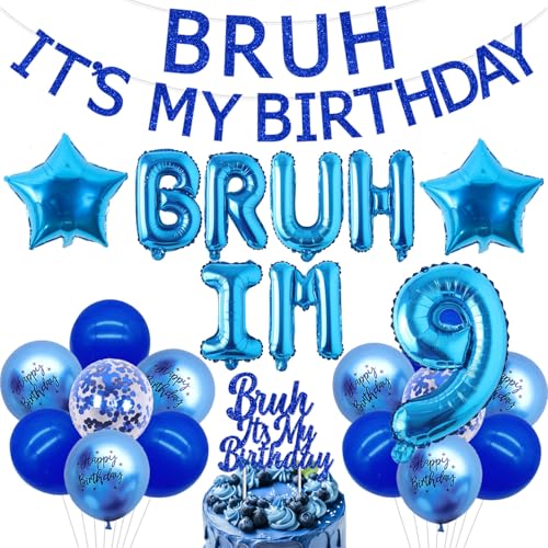 Bruh It's My 9th Birthday Decorations Blue Glitter Bruh It's My Birthday Banner Cake Topper Star Bruh I'm 9 Foil Balloon Banner for Funny Bday Party Supplies von Merrystorm