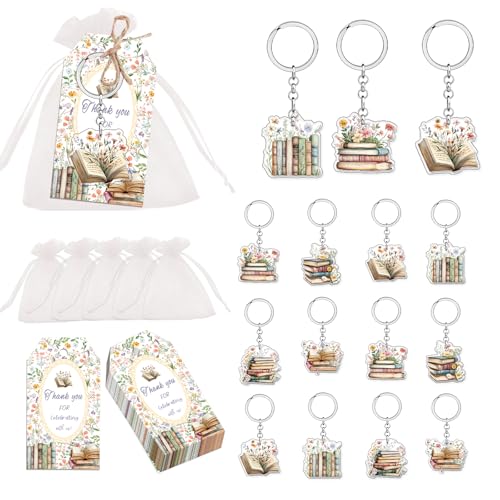 Buchclub-Partygeschenke, 24 Stück, für Buchliebhaber, Wildblumen-Schlüsselanhänger, aus Acryl, Dankeschön-Etiketten, Organza-Beutel, doppelseitig, lustiges Buchthema, Geschenke für Leser, Bibliothekar von Merrystorm