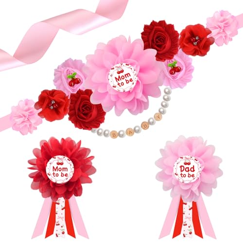 Cherry Baby Shower Dekorationen Kirschmotiv Mutterschaft Schärpe und Ansteckblume Set "She's the Cherry on Top Mom to be Dad to be" Anstecknadel Blume Bauchband für Babyparty Geschlecht Enthüllung von Merrystorm