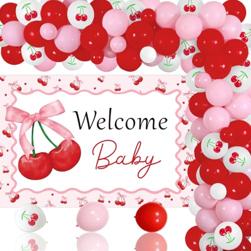 Cherry Babyparty-Dekorationen Kokette Kirsche Willkommen Baby Hintergrund Rot Rosa Ballon Girlande Bogen Kit Obst Mädchen Geschlecht Enthüllung Hintergrund Banner für Mädchen Babyparty Geschlecht von Merrystorm