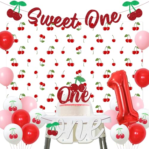 Cherry Theme 1st Birthday Decorations Cherry Theme Backdrop Sweet One Birthday Banner High Chair Banner Number 1 Foil Balloon Red Glitter Sweet One Cake Topper for Girl Fruit Birthday Party Supplies von Merrystorm