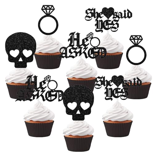 Cupcake-Topper für Gothic-Verlobung, 24 Stück, schwarzer Glitzer, He Asked She Said Yes Ring, Totenkopf, Cupcake, Lebensmittel-Picker für Hochzeit, Verlobung, Brautparty, Party, Kuchendekorationen Cupcake-Topper für Gothic-Verlobung, 24 Stück, schwarzer Glitzer, He Asked She Said Yes Ring, Totenkopf, Cupcake, Lebensmittel-Picker für Hochzeit, Verlobung, Brautparty, Party, Kuchendekorationen von Merrystorm