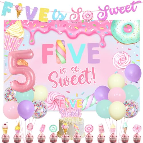 Dessert Thema Dekoration Five Is so Sweet Glitter Banner Eiscreme Hintergrund Süße Süßigkeiten Fotografie Hintergrund Tuch Donut Kuchen Topper für Mädchen 5. Geburtstag Sommer Eis Süßes Partyzubehör von Merrystorm