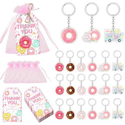 Donut-Partygeschenke, süße Donut-Schlüsselanhänger, Dankeschön-Etiketten, rosa Geschenktüten für Kinder, Donut-Thema, Babyparty, 1. 2. Geburtstag, Partyzubehör, 72 Stück von Merrystorm