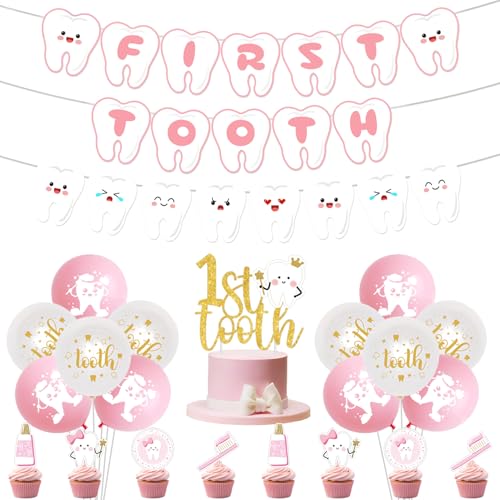 First Tooth Party Decorations, Pink First Tooth Banner Glitter 1st Tooth Cake Topper Cupcake Toppers Latex Balloons Tooth Party Decorations for Girls My 1st Tooth Baby Shower Supplies First Tooth Party Decorations, Pink First Tooth Banner Glitter 1st Tooth Cake Topper Cupcake Toppers Latex Balloons Tooth Party Decorations for Girls My 1st Tooth Baby Shower Supplies von Merrystorm