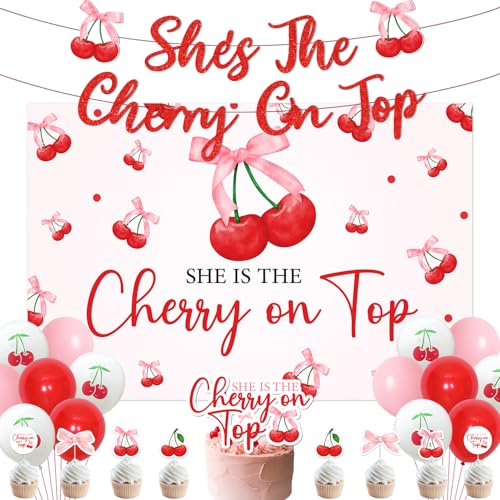 Kirsch-Hintergrund-Ballon-Set, She's The Cherry On Top Hintergrund, Glitzer-Banner, Kirschkuchen, Cupcake-Topper, für süße Mädchen, Obst, Geburtstag, Babyparty, Verlobung, Partyzubehör Kirsch-Hintergrund-Ballon-Set, She's The Cherry On Top Hintergrund, Glitzer-Banner, Kirschkuchen, Cupcake-Topper, für süße Mädchen, Obst, Geburtstag, Babyparty, Verlobung, Partyzubehör von Merrystorm