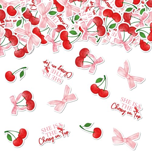 Kirsch-Konfetti "She Is the Cherry on Top", Kirsche, Geburtstagsdekoration, rosa Schleifen und rote Kirsche, Tischdekoration für Mädchen, Kirsche auf der Oberseite, Babyparty, Geschlechtsoffenbarung, Kirsch-Konfetti "She Is the Cherry on Top", Kirsche, Geburtstagsdekoration, rosa Schleifen und rote Kirsche, Tischdekoration für Mädchen, Kirsche auf der Oberseite, Babyparty, Geschlechtsoffenbarung, von Merrystorm