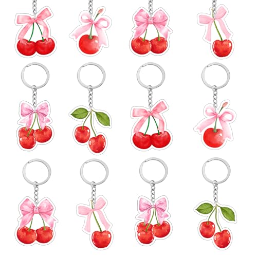 Kirsch-Schlüsselanhänger – 24 Stück rosa Schleife Kirsche Schlüsselanhänger Niedliche Kirschen Schlüsselanhänger Acryl Geldbörse Charms Anhänger für Mädchen Party Gastgeschenke Handtasche von Merrystorm