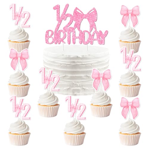 Kuchendekorationen mit rosa Schleife, 25 Stück, Gingham-Schleife, Cupcake-Topper, rosa Schleife, Glitzer, 1/2 Geburtstag, Kuchendekorationen für Baby, Mädchen, Prinzessin, halber Geburtstag Kuchendekorationen mit rosa Schleife, 25 Stück, Gingham-Schleife, Cupcake-Topper, rosa Schleife, Glitzer, 1/2 Geburtstag, Kuchendekorationen für Baby, Mädchen, Prinzessin, halber Geburtstag von Merrystorm