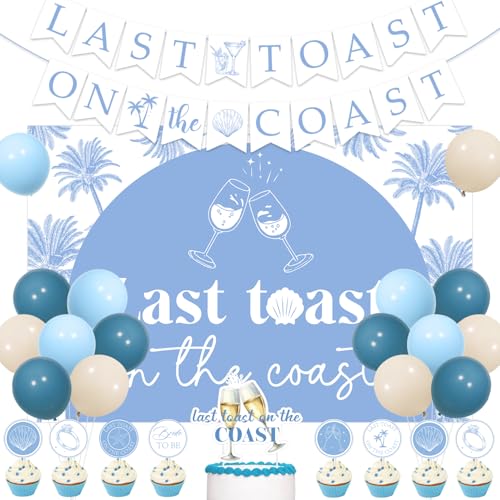 Last Toast on the Coast Dekorationen Küstenmotive Junggesellinnenabschied Dekor Blau Champagner Muschel Palme Hintergrund Banner Kuchen Cupcake Toppers Blau Latex Ballon für Frauen Sommer Strand von Merrystorm