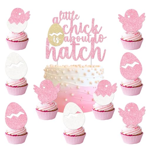 Little Chick Babyparty-Dekoration, "A Little Chick Is About to Hatch", glitzernd, rosa Huhn, Cupcake, Kuchendekoration für Mädchen, Küken, Babyparty, Bauernhof, Tier, Barnyf, Partyzubehör Little Chick Babyparty-Dekoration, "A Little Chick Is About to Hatch", glitzernd, rosa Huhn, Cupcake, Kuchendekoration für Mädchen, Küken, Babyparty, Bauernhof, Tier, Barnyf, Partyzubehör von Merrystorm