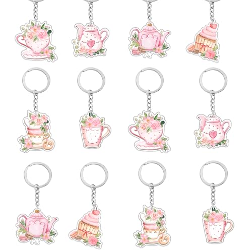Merrystorm 12pcs Tee Party Schlüsselanhänger Blumen Zeit Geschenke Braut Dusche Gunsten Vintage Teekanne Tasse Kuchen Garten für Frauen Mädchen Lassen Sie uns Partea Geburtstag Baby Dekorationen von Merrystorm