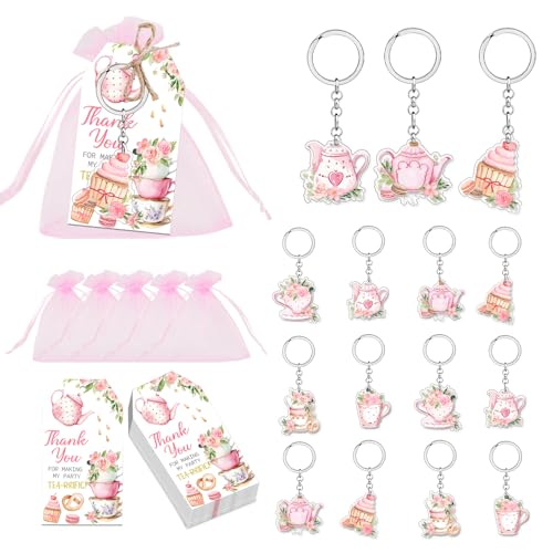 Merrystorm 24pcs Tee Party Gunsten Schlüsselanhänger Pink Blumen Geschenke Lassen Sie uns Partea Danke Tags Organza Taschen Baby Dusche Dekorationen für Frauen Mädchen Braut Geburtstag Zubehör von Merrystorm