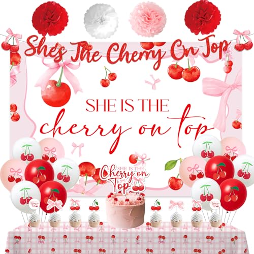 Party-Dekoration, Banner mit Glitzer, rosa Schleife, Kirsch-Hintergrund, Tischdecke, Pompons, Kokette, Kirschen, Cupcake-Topper, Luftballons für Mädchen, Frauen, Baby-Brautparty-Zubehör von Merrystorm