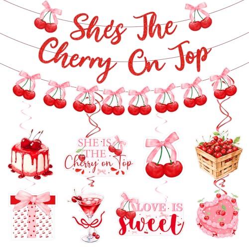 Party-Dekorationen mit Aufschrift "She's the Cherry on Top", Kirsche zum Aufhängen, Wirbel, She's the Cherry on Top, Brautparty, Kokette, rote Kirschgirlande für Mädchen, Brautparty, Babyparty Party-Dekorationen mit Aufschrift "She's the Cherry on Top", Kirsche zum Aufhängen, Wirbel, She's the Cherry on Top, Brautparty, Kokette, rote Kirschgirlande für Mädchen, Brautparty, Babyparty von Merrystorm