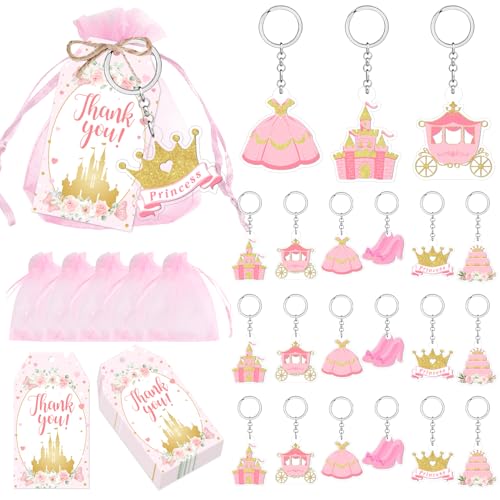Prinzessinnen-Partygeschenke für Mädchen, Prinzessinnen-Babyparty-Geschenke, Prinzessinnen-Schlüsselanhänger, Dankeschön-Etiketten, rosa Organza-Beutel, Blumenschloss, Krone, Gastgeschenke für Mädchen von Merrystorm