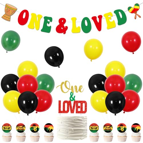 Reggae Geburtstagsparty-Dekorationen, One and Loved Reggae First Birthday Banner One and Loved Cake Topper Palm Tree Reggae Cupcake Toppers for Jamaican Rastafari Music Themed Birthday Party Supplies von Merrystorm