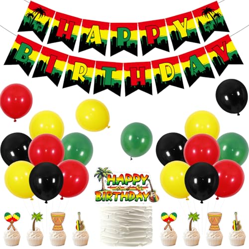 Reggae Geburtstagsparty-Dekorationen Happy Birthday Banner Jamaikanische Rastafari Palme Geburtstag Kuchen Cupcake Toppers Reggae Musik Dekor für Rasta Jamaikanische Musik Themed Geburtstag Party von Merrystorm