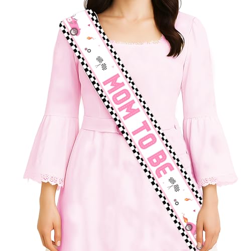 Rennwagen-Schärpe für werdende Mütter, rosa Rennauto, Babyparty, Dekorationen, Auto, karierte Flagge, Schärpe für Schwangerschaft, neue Eltern, Foto-Requisiten, Let's Go-Rennen, Babyparty von Merrystorm