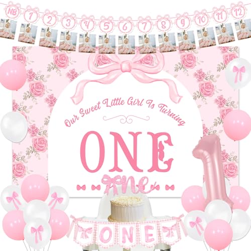 Rosa Schleife 1. Geburtstag Party Dekorationen Schleife Floral Our Sweet Little Girl Is Turning One Hintergrund Rosa Schleife Monat Foto Banner Kuchen Topper für Baby Pincess Mädchen Erster Geburtstag von Merrystorm
