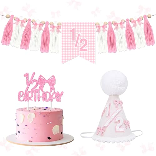 Rosa Schleife Halber Geburtstag Dekorationen Set, 1/2 Bday Hochstuhl Banner Schleife Glitzer Kuchen Topper Rosa Weiß Geburtstag Hut für Baby Mädchen 6 Monate Süße Halbgeburtstag Foto Requisiten Rosa Schleife Halber Geburtstag Dekorationen Set, 1/2 Bday Hochstuhl Banner Schleife Glitzer Kuchen Topper Rosa Weiß Geburtstag Hut für Baby Mädchen 6 Monate Süße Halbgeburtstag Foto Requisiten von Merrystorm