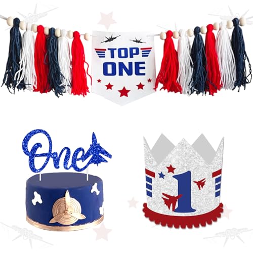 Top One 1. Geburtstag Dekorationen, Fighter Jet First Bday Quaste Hochstuhl Banner One Cake Topper Flugzeug Erster Geburtstag Hut für Jungen Military Jet Time Flies 1. Geburtstag Party Favors Supplies von Merrystorm
