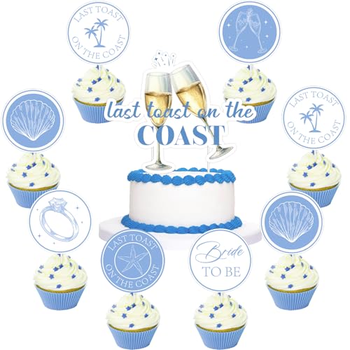 Tortenaufleger mit Aufschrift "Last Toast on the Coast" für Junggesellinnenabschied, blauer Champagner, Diamantring, Kokosnussbaum, Cupcake-Topper für Verlobung, Brautparty, Junggesellinnenabschied von Merrystorm