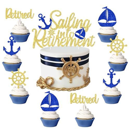 Tortenaufsatz, Motiv: Sailing Into Retirement, Blau / Gold, Glitzer, Marineblau, Kuchendekoration, Cupcake-Topper, Happy Retirement, Party-Dekoration für Matrosen, offizielles Partyzubehör im Tortenaufsatz, Motiv: Sailing Into Retirement, Blau / Gold, Glitzer, Marineblau, Kuchendekoration, Cupcake-Topper, Happy Retirement, Party-Dekoration für Matrosen, offizielles Partyzubehör im von Merrystorm