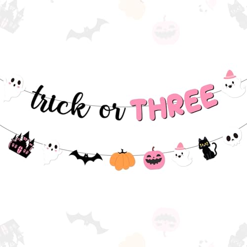 Trick or Three Banner Girlande, Halloween 3rd Birthday Party Decoraions Pink Black Halloween Boo Ghost Pumpkin Bats Hanging Decors for Girls 3rd Birthday Party Supplies von Merrystorm