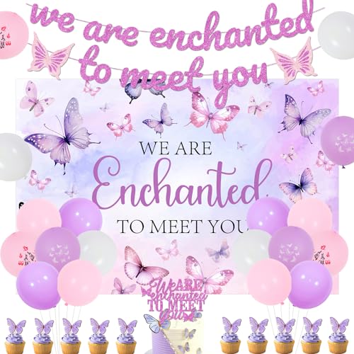 We Are Enchanted to Meet You Babyparty-Dekorationen mit Aufschrift "We Are Enchanted to Meet You", Banner, Kuchendekoration, Schmetterlingshintergrund, Cupcake-Topper für Mädchen, Babyparty, von Merrystorm