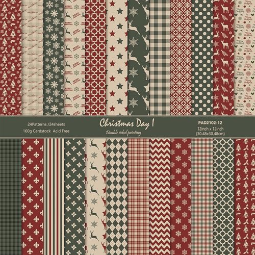 MerwDeeyt Scrapbook Papier Weihnachten Bastelpapier, 24 Blatt Doppelseitiges Winter Motivpapier, Buntes Dekopapier mit Muster für Journal Scrapbooking Fotoalbum Dekoration (A, 30.5x30.5 CM) von MerwDeeyt