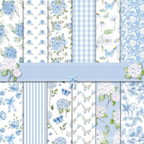Scrapbook Papier 30x30 Scrapbook Bastelpapier mit Blumen Muster, Blau Scrapbooking Papier Frühling Motivpapier, 24 Blatt Doppelseitiges Decoupage Papier Dekorpapier für Journal Scrapbooking von MerwDeeyt