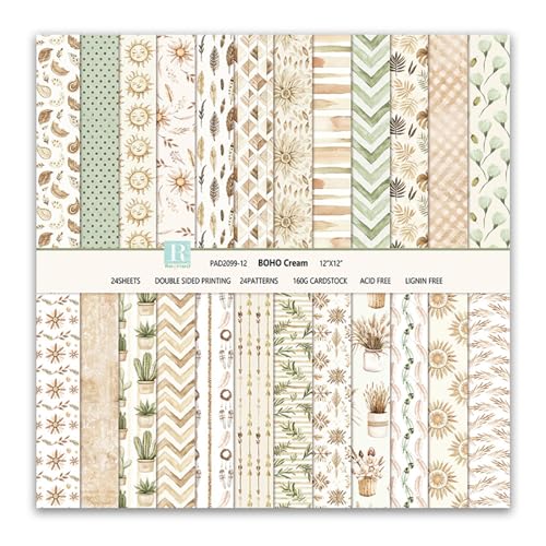 Scrapbook Papier Blumen Muster Scrapbook Bastelpapier, 24 Blat Doppelseitiges Boho Dekorpapier, MerwDeeyt Buntes Motivpapier für Journal Scrapbooking Fotoalbum Dekoration (Beige, 30,5x30,5 cm) von MerwDeeyt