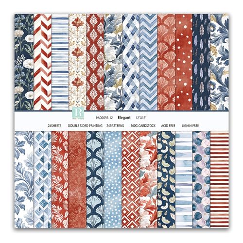 Scrapbook Papier Blumen Muster Scrapbook Bastelpapier, 24 Blat Doppelseitiges Boho Dekorpapier, MerwDeeyt Buntes Motivpapier für Journal Scrapbooking Fotoalbum Dekoration (Blau, 30,5x30,5 cm) von MerwDeeyt