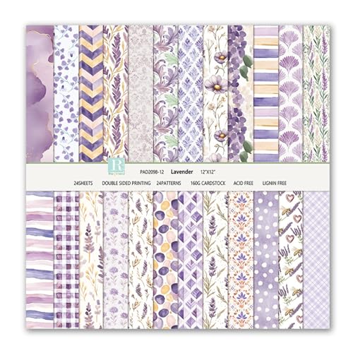 Scrapbook Papier Blumen Muster Scrapbook Bastelpapier, 24 Blat Doppelseitiges Boho Dekorpapier, MerwDeeyt Buntes Motivpapier für Journal Scrapbooking Fotoalbum Dekoration (Hellviolett, 30,5x30,5 cm) von MerwDeeyt