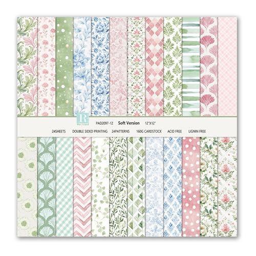 Scrapbook Papier Blumen Muster Scrapbook Bastelpapier, 24 Blat Doppelseitiges Boho Dekorpapier, MerwDeeyt Buntes Motivpapier für Journal Scrapbooking Fotoalbum Dekoration (Rosa, 30,5x30,5 cm) von MerwDeeyt