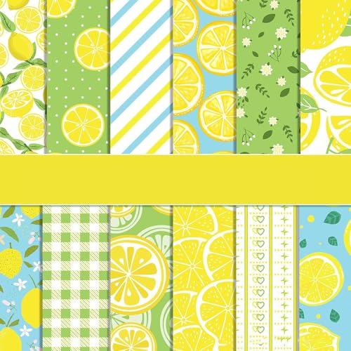 Scrapbook Papier Sommer Scrapbook Bastelpapier mit Obst Muster, 24 Blatt Scrapbooking Papier Frucht Motivpapier, Doppelseitiges Dekorpapier Decoupage Papier mit Erdbeere Zitrone Muster (Gelb, 30x30) von MerwDeeyt