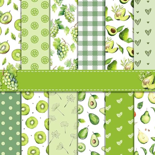 Scrapbook Papier Sommer Scrapbook Bastelpapier mit Obst Muster, 24 Blatt Scrapbooking Papier Frucht Motivpapier, Doppelseitiges Dekorpapier Decoupage Papier mit Erdbeere Zitrone Muster (Grün, 30x30) von MerwDeeyt