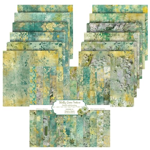 Scrapbook Papier Vintage Scrapbook Bastelpapier mit Blumen Muster, 24 Blatt Doppelseitiges Scrapbooking Papier Motivpapier, Frühling Dekorpapier Decoupage Papier (Grün, 30,5x30,5 cm/12x12 inch) von MerwDeeyt
