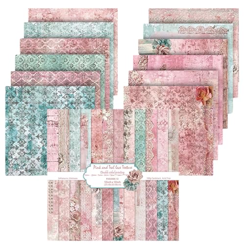Scrapbook Papier Vintage Scrapbook Bastelpapier mit Blumen Muster, 24 Blatt Doppelseitiges Scrapbooking Papier Motivpapier, Frühling Dekorpapier Decoupage Papier (Rosa, 30,5x30,5 cm/12x12 inch) von MerwDeeyt
