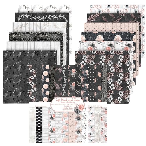 Scrapbook Papier Vintage Scrapbook Bastelpapier mit Blumen Muster, 24 Blatt Doppelseitiges Scrapbooking Papier Motivpapier, Frühling Dekorpapier Decoupage Papier (Schwarz, 30,5x30,5 cm/12x12 inch) von MerwDeeyt