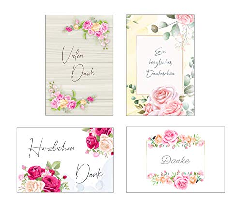 4 Premium Dankeskarten (Klappkarten) mit 4 weißen Umschlägen, Danke, Dankeschön, Karten, Dankekarten, Hochzeit, Geburt, Baby, Taufe, Abschied, 3eburtstag, Jubiläum Blumen Blumenmotiv von Merz Designkarten