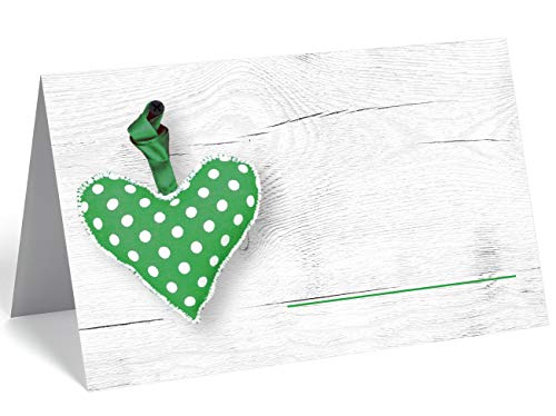 50 edle Premium-Tischkarten -18 Motive zur Auswahl - Platzkarten 300mg - 5,5 x 8,5cm (eine Seite) - Namenskarten Namensschilder für Hochzeit Feier Taufe Kommunion (grünes Herz auf Holzbrett) von Merz Designkarten