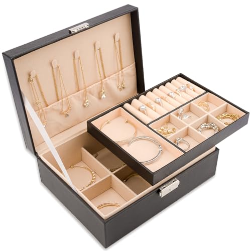 Meschett 2-lagige Schmuckschatulle, Schmuckhalter Organizer mit Schloss und herausnehmbarem Tablett, Schmuck-Organizer für Ringe, Ohrringe, Halsketten, Armbänder, Schmuckkästchen für Frauen,Schwarz Meschett 2-lagige Schmuckschatulle, Schmuckhalter Organizer mit Schloss und herausnehmbarem Tablett, Schmuck-Organizer für Ringe, Ohrringe, Halsketten, Armbänder, Schmuckkästchen für Frauen,Schwarz von Meschett
