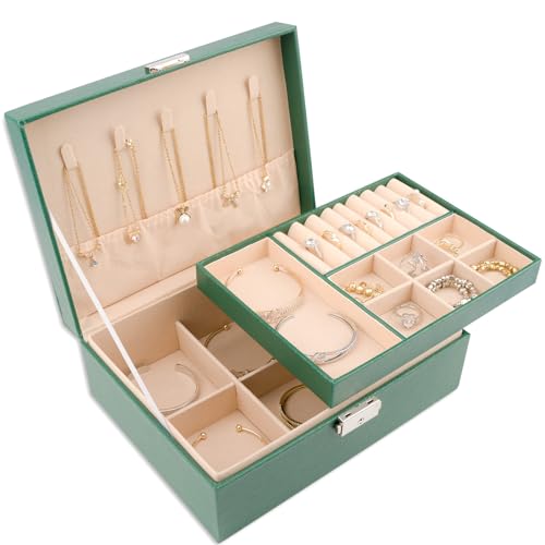 Meschett 2-lagige Schmuckschatulle, Schmuckhalter Organizer mit Schloss und herausnehmbarem Tablett, Schmuck-Organizer für Ringe, Ohrringe, Halsketten, Armbänder, Schmuckkästchen für Frauen,Grün Meschett 2-lagige Schmuckschatulle, Schmuckhalter Organizer mit Schloss und herausnehmbarem Tablett, Schmuck-Organizer für Ringe, Ohrringe, Halsketten, Armbänder, Schmuckkästchen für Frauen,Grün von Meschett